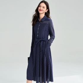 25春法式优雅重工定位印花翻领长袖收腰长款衬衫百褶连衣裙25022