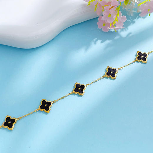 【限时克减150元】足金999  #CNC #低温珐琅 【精品】5G黄金实心双面茶黑玑镂珐琅柿蒂纹幸运草五花调节手链(AU5GSL00016-2)（预售产品下单后不退款不退货不换货不补差价） 商品图2