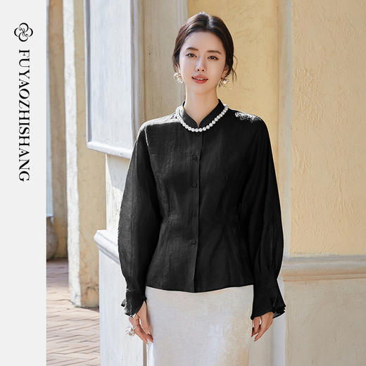 FUYAO扶摇 黑色立领衬衫女2025年夏新款时尚天丝衬衣优雅显瘦小衫 商品图2