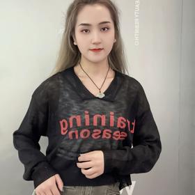 ZS V领镂空字母印花毛织上衣50109春季903021031035