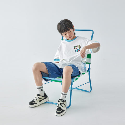 【代发】男童撞色短袖T恤 蓝汽水夏款全棉趣味织标亲子款上衣白拼蓝 商品图2