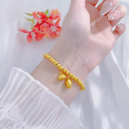 【限时克减150元】足金999 #两世欢 古法圆珠手链好运莲莲莲花莲蓬吊饰转运金珠弹力绳手串（珠约4.2-4.6mm)(AUQGFSC00031-1)预售产品下单后不退款不退货不换货不补差价 商品图0