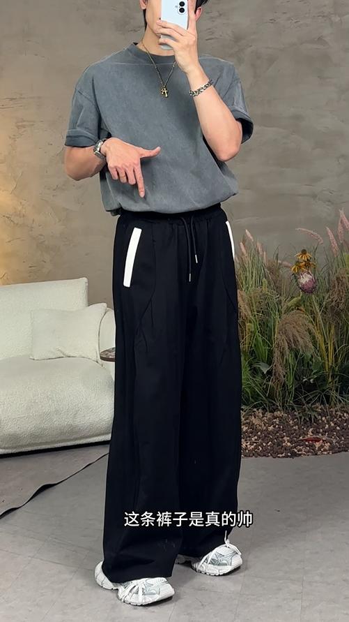 2576夏季高级感新款潮牌撞色褶皱抽绳运动休闲裤百搭时尚潮流裤子 商品图0