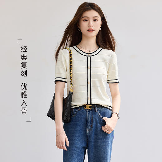 VICTORIA&VERA春季“巴黎叠色”小香风黑边冰丝针织短袖米白撞色法式气质上衣 商品图3