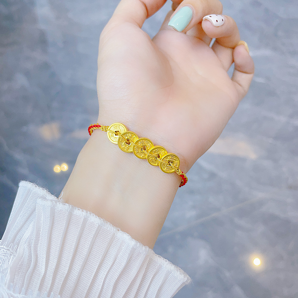 【限时7.5折】【定价黄金】足金 #招财纳福 3D硬金空心招财五帝币编织绳调节手链成品手串(RFXJB0212)（预售产品下单后不退款不退货不换货不补差价）（预售产品下单后不退款不退货不换货不补差价）