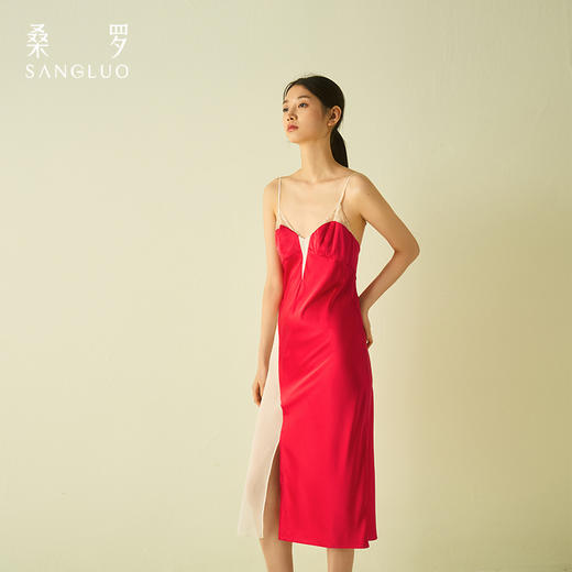 桑罗蕾丝拼接撞色吊带裙收腰派对礼服裙睡裙桑蚕丝 商品图0