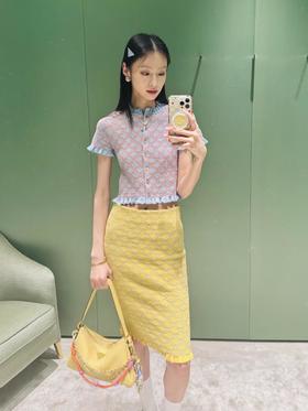 普拉达25Ss春夏新款菱格褶皱钩针修身长半裙（UY*DQL）