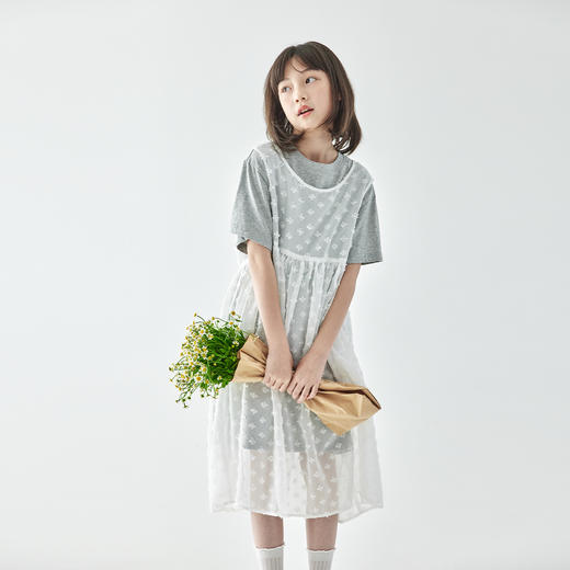 【代发】女童两件套连衣裙 棵初夏季款女童裙子叠穿长款T恤雪纺罩衫套装裙灰白色 商品图3