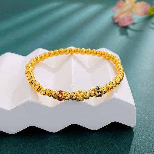 【限时克减150元】足金 #祈福 #低温珐琅 【精品】无氰5D空心六字真言转运筒珠间金珠手链弹力绳手串（珠约3.8-4.2mm）(AK5DSC00016) 商品图1