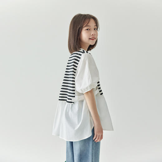 【代发】女童假两件条纹拼接衬衫 棵初夏季亲子海军风短袖童装复古泡泡袖上衣条纹拼白 商品图2
