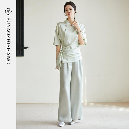 FUYAO扶摇 竹影提花衬衫直筒裤两件套2025夏新款醋酸缎面时尚套装 商品图1