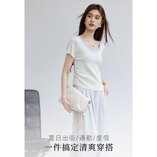 VICTORIA&VERA夏季“月汐刻度”韩版小清新设计感横条收腰短袖针织衫 商品图6
