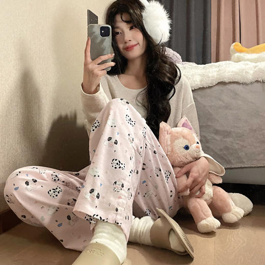 【家居裤必备，直筒裤型修身显瘦】睡裤女春秋季新款 白波点腊肠狗可爱家居裤 宽松柔软直筒遛弯裤-QQ 商品图5