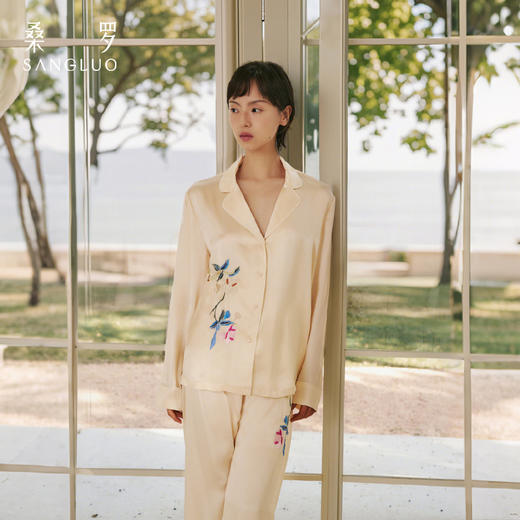 真丝睡衣刺绣套装SANGLUO桑罗印花长袖两件套家居服 商品图0