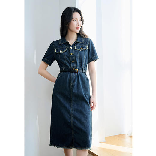 NEELLY纳俪商场同款夏季新款牛仔短袖连衣裙女港风小众工装风长裙N25044Y04557 商品图1