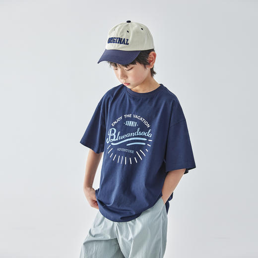 【代发】男童印花短袖T恤 蓝汽水夏季亲子款上衣藏青/嫩绿 商品图4