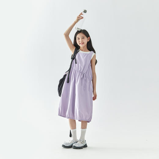 【代发】紫色尼龙连衣裙 棵初夏季款女童工装裙子不规则腰线纯色亲子花苞裙 商品图3