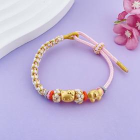 【限时7.5折】【定价黄金】足金 #卡通 3D硬金空心KT猫卡通Hellokitty凯蒂猫蝴蝶结招财猫编织绳调节手串成品手串(AJ3DSC00255)