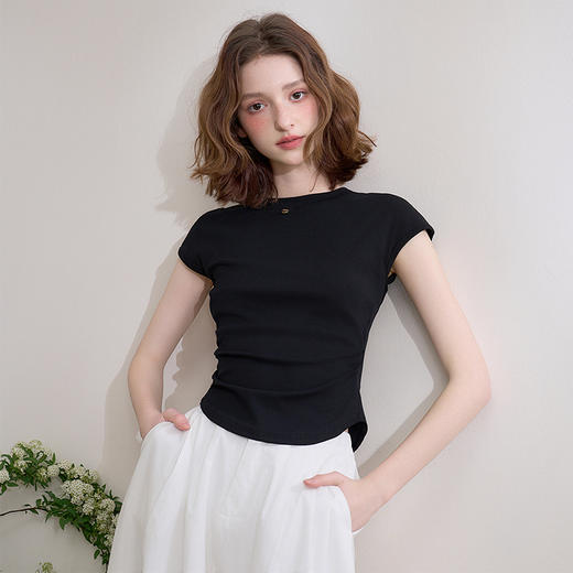 【限时秒杀】西遇褶皱短袖T恤女春夏新款纯色显瘦修身短款正肩圆领上衣D0050505 商品图1
