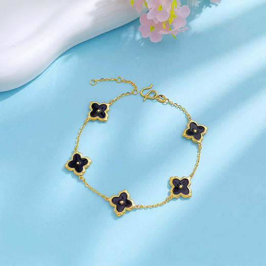 【限时克减150元】足金999  #CNC #低温珐琅 【精品】5G黄金实心双面茶黑玑镂珐琅柿蒂纹幸运草五花调节手链(AU5GSL00016-2)（预售产品下单后不退款不退货不换货不补差价） 商品图1
