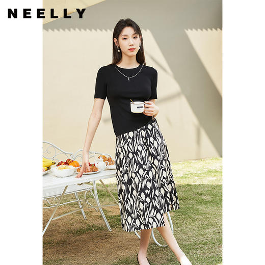 NEELLY纳俪商场同款夏季新款黑色针织衫女圆领百搭短袖修身套头衫N25044A14430 商品图0