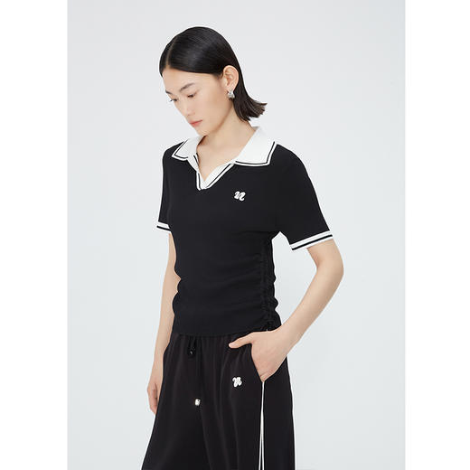 NEELLY纳俪商场同款夏新款撞色显瘦翻领短袖针织女V领五分袖上衣N25044A14420 商品图2