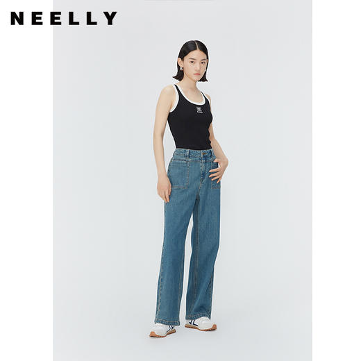 NEELLY纳俪商场同款夏季新款复古水洗牛仔裤女高腰深蓝休闲长裤N25044H04568 商品图0