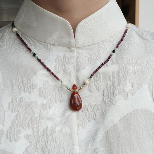 MELI&MOLI【火】红玛瑙中号水滴吊坠猛犸象牙点缀石榴石珠串项链【D类】 商品图1