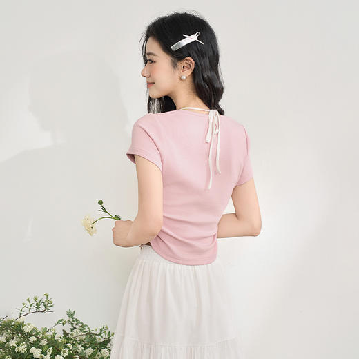 【挂脖假两件】纯欲木耳边短袖T恤女夏季捏褶上衣V0850601 商品图4