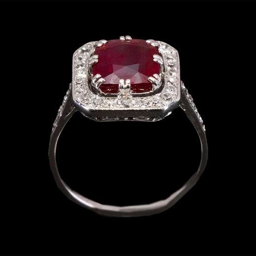 独角鹿西洋古董 1920-1930年代法国出品装饰艺术风格铂金镶嵌缅甸无烧红宝石及钻石戒指 商品图0