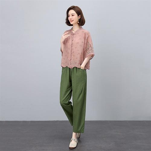 HRNJL2607美衣重工刺绣双支苎麻衬衫女气质绣花衬衣春款长袖单排扣上衣蕾丝 商品图0