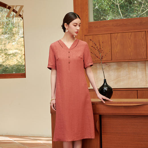 佐尔美夏季新款新中式国风时尚气质V领莨绸桑蚕丝连衣裙女M42LS73 商品图2