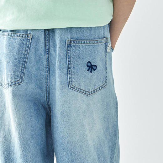 【代发】女款休闲牛仔裤 棵初春夏款蝴蝶结绣花口袋长裤儿童宽松亲子裤子蓝色 商品图4