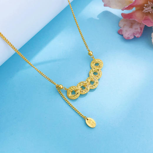 【限时克减150元】足金999 #招财纳福 #碎碎冰 古法实心碎碎金方孔金币仿碎碎冰五帝币流苏调节套链(YQGFTL00103)预售产品下单后不退款不退货不换货不补差价 商品图1