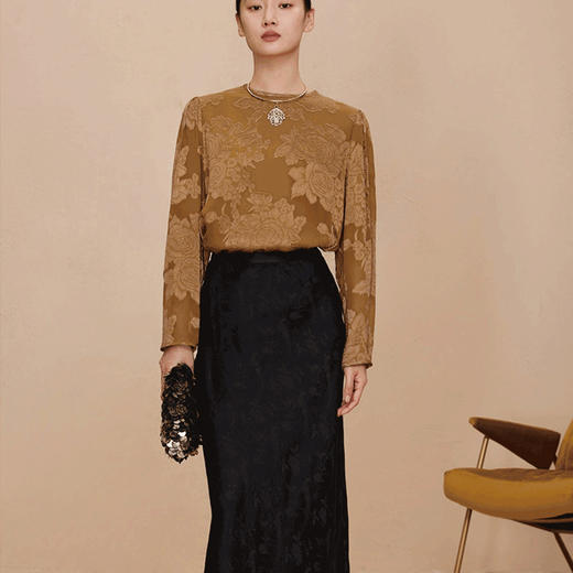 LONGNVFAIR新中式牡丹烧花圆领衬衣，牡丹花的东方元素，烧花工艺，优雅提升气质【72小时发货】 商品图5