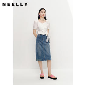 NEELLY纳俪商场同款夏季新款法式白色桃心领短袖衬衫女泡泡袖上衣N25044R04434