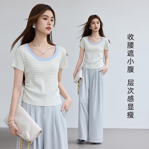 VICTORIA&VERA夏季“月汐刻度”韩版小清新设计感横条收腰短袖针织衫 商品图4