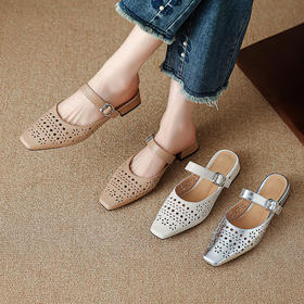 【预售5天】新款羊皮真皮简约方圆头透气时尚百搭中跟外穿镂空穆勒拖MLJ&C131