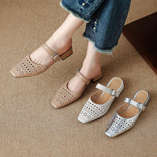 【预售5天】新款羊皮真皮简约方圆头透气时尚百搭中跟外穿镂空穆勒拖MLJ&C131 商品图0