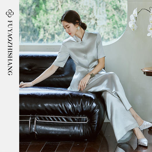 FUYAO扶摇 新中式国风套装女夏新款重磅醋酸立领西装直筒裤两件套 商品图0