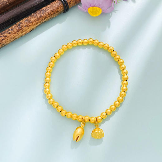 【限时克减150元】足金999 #两世欢 古法圆珠手链好运莲莲莲花莲蓬吊饰转运金珠弹力绳手串（珠约4.2-4.6mm)(AUQGFSC00031-1)预售产品下单后不退款不退货不换货不补差价 商品图1