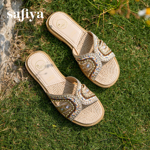 Safiya/索菲娅2025民族风沙滩度假外穿圆头休闲百搭平底拖鞋SFD2110354 商品图5