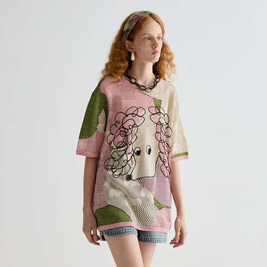 谜底针织衫短袖女2025夏季新品复古文艺大廓形H型长毛衣252MZ0876 商品图1