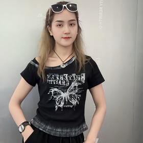 MZ斜露肩刷漆蝴蝶图案短袖T恤（黑）夏季 252140050321
