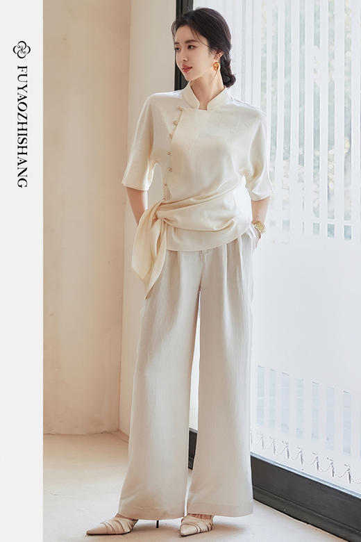 FUYAO扶摇 清冷松弛感国风提花时尚套装女夏季新款斜襟衬衫两件套 商品图1