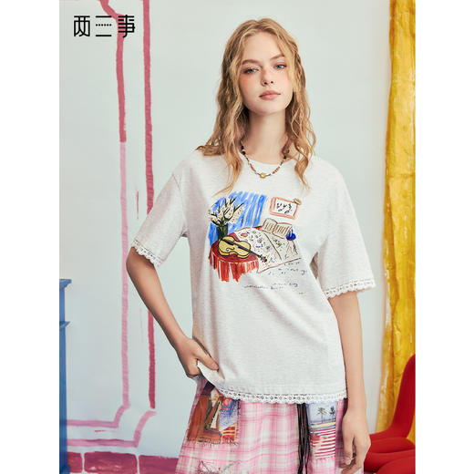 两三事野兽情书2025夏季新款复古油画印花蕾丝拼接短袖t恤女宽松 商品图0
