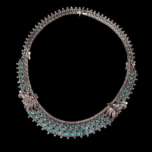 独角鹿西洋古董 1970年代意大利出品蝴蝶结造型白金镶嵌波斯绿松石及钻石项链 商品图5