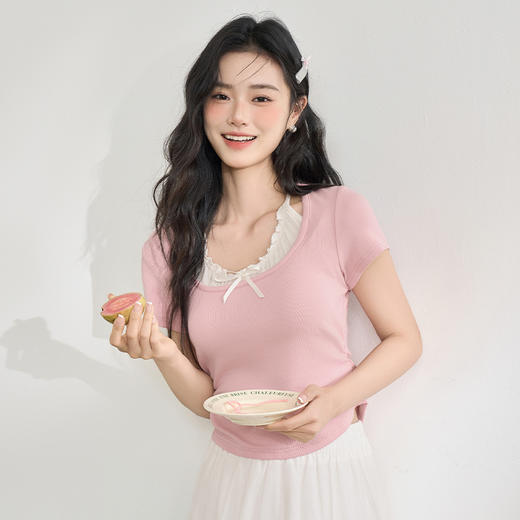 【挂脖假两件】纯欲木耳边短袖T恤女夏季捏褶上衣V0850601 商品图2