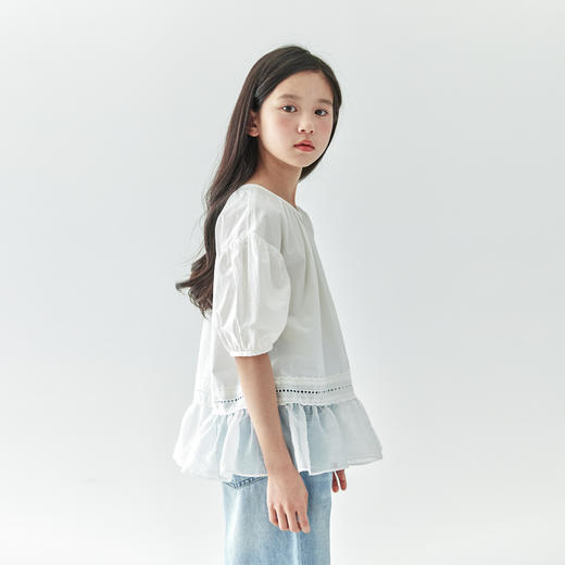 【代发】白色纯色小衫 棵初春夏款女童轻盈浪漫氛围感花纱拼接下摆衬衫 商品图4