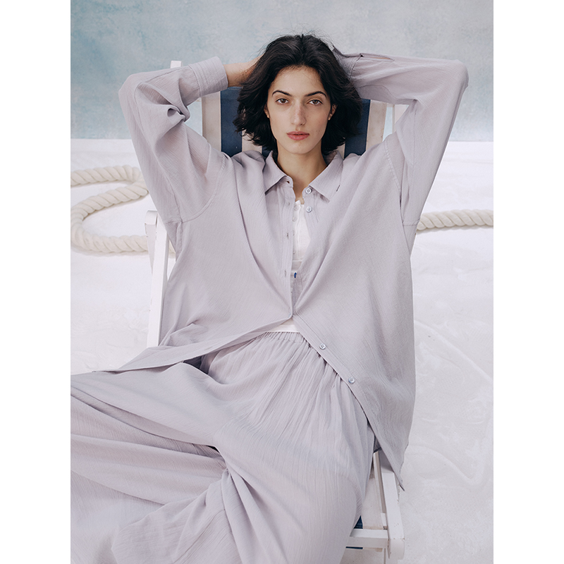 UMILAB【仲夏】100%精梳棉微皱肌理松驰衬衫/松紧腰长裤套装E223W